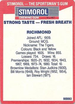 1990 AFL Scanlens Stimorol #157 Richmond Tigers Back